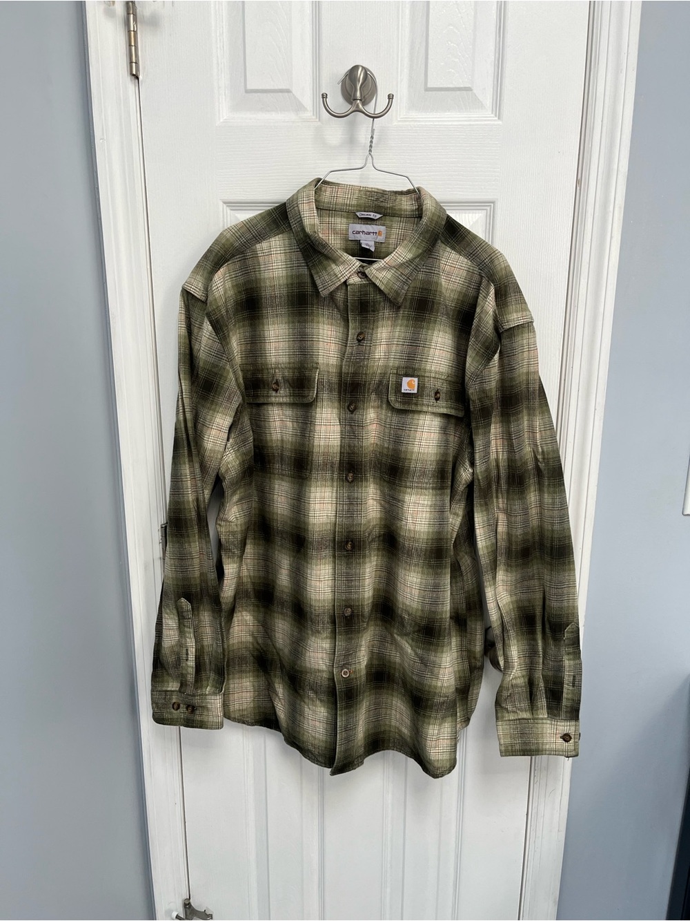 Carhartt Flannel Shirt Men XL Olive Green Tartan Plaid Original Fit Button Up